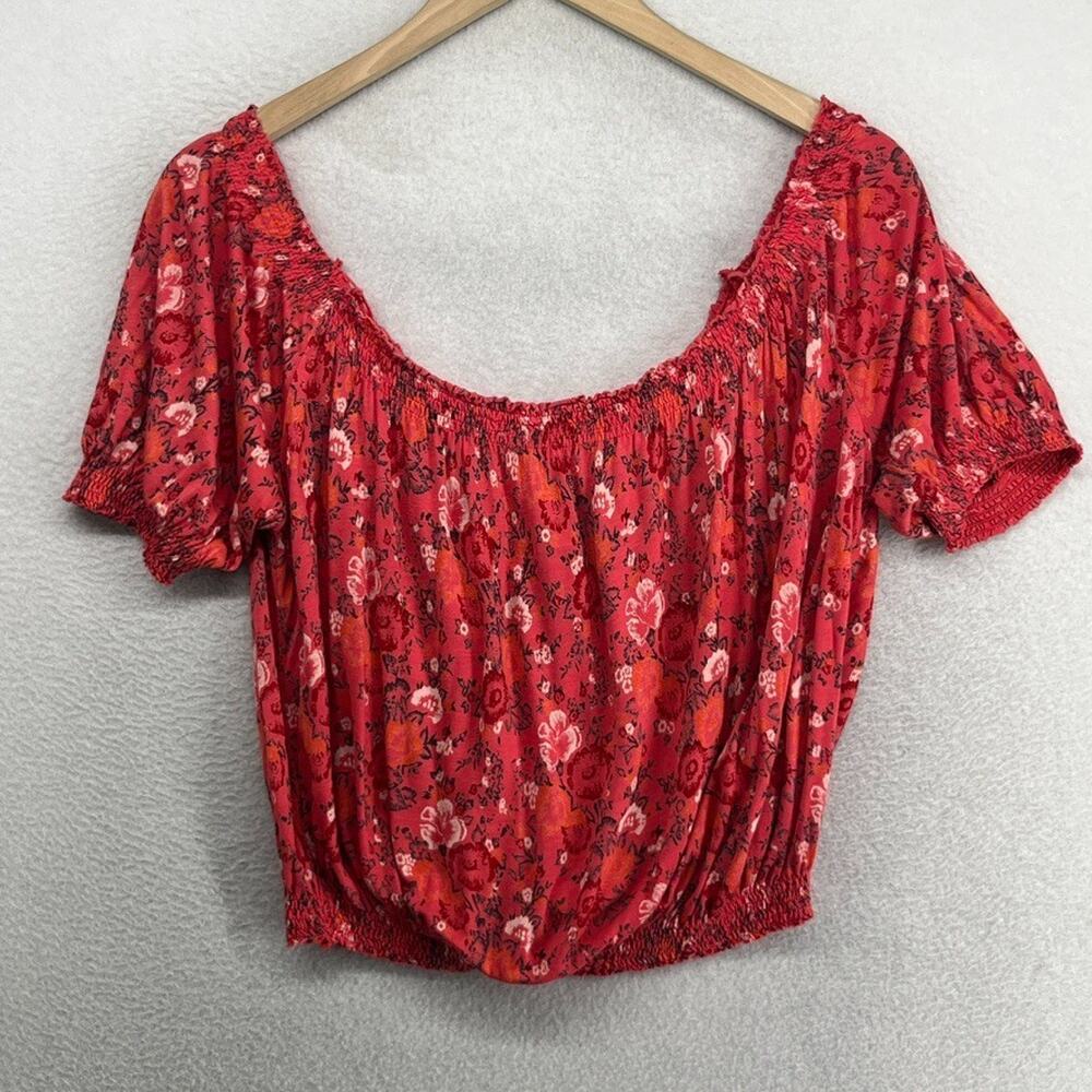 FREE PEOPLE Top S Boho Floral Smocked Blouse Cropped Off The Shoulder Red